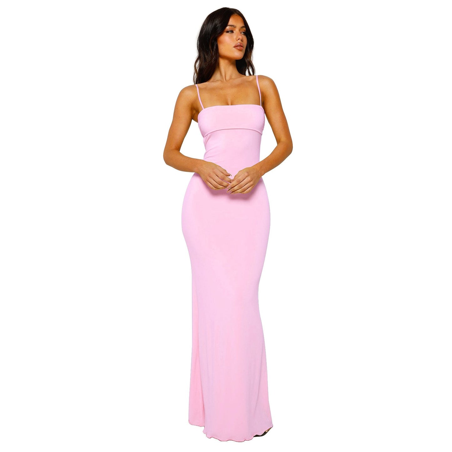 Sexy, form-fitting backless halter solid color dress